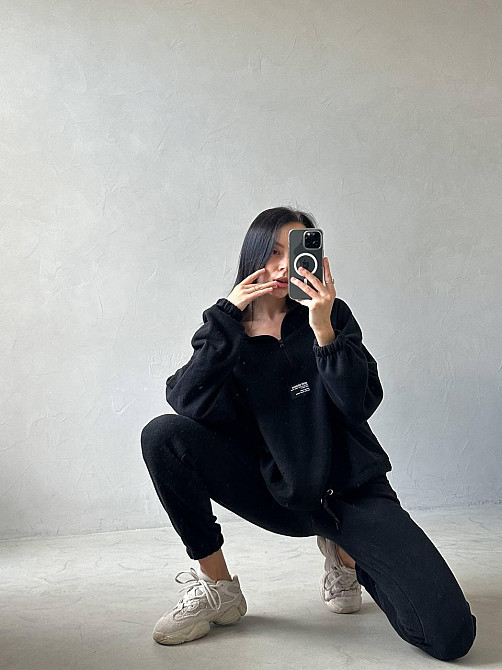 Женский повседневный теплый флисовый костюм двойка турецкий двухсторонний флис Черный, 48/50 Одесса - изображение 4