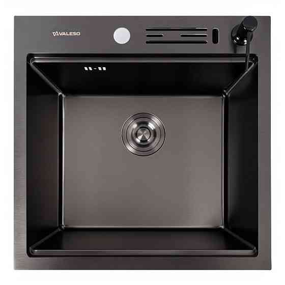 Кухонна мийка 50*50 PVD чорна VALESO Handmade з підставкою для ножів (сифон круглий, 3,0/0,8) Коломыя
