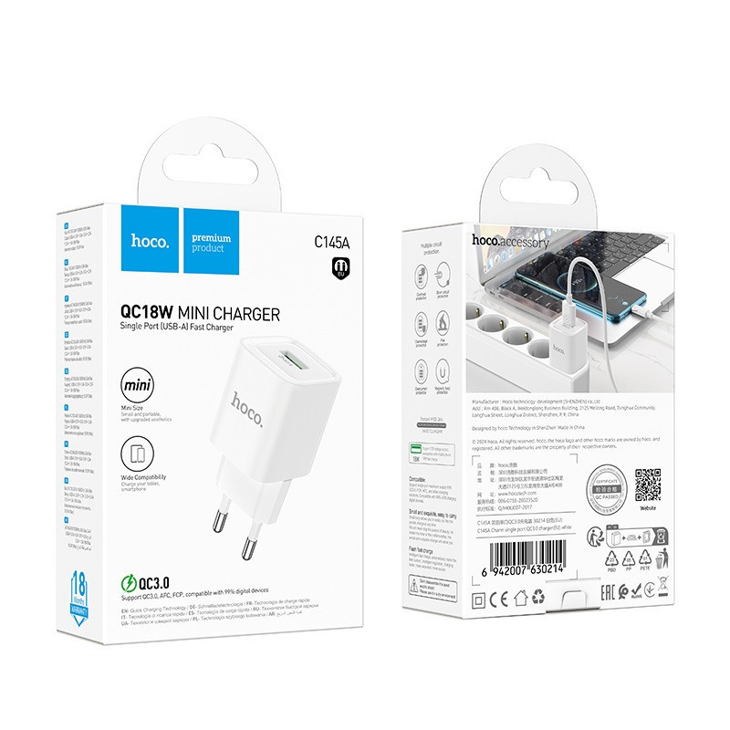 Мережевий зарядний пристрій HOCO C145A Charm single port QC3.0 charger (EU) White Київ - фото 2