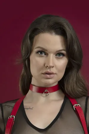 Чокер з кільцем для повідця Feral Feelings - Choker червоний, натуральна шкіра Львів