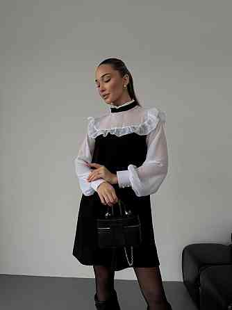 Женское сдержанное базовое платье с рюшами креп дайвинг + шифон Одесса