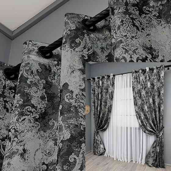 Комплект штор на люверсах VR-Textil Льон Преміум № 1695ш Чорний з сірим 150х280 см 2 шт (37-0247) Київ