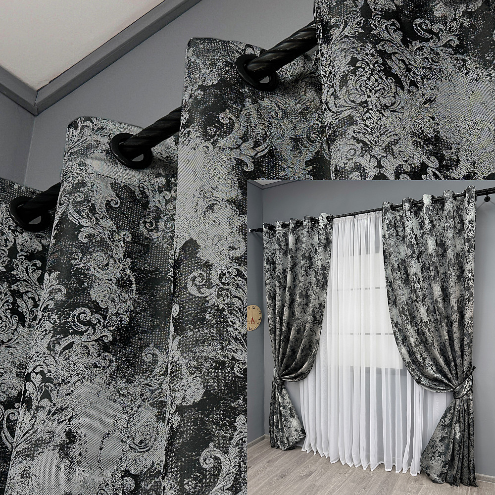 Комплект штор на люверсах VR-Textil Льон Преміум № 1695ш Чорний з сірим 150х280 см 2 шт (37-0247) Київ - фото 1