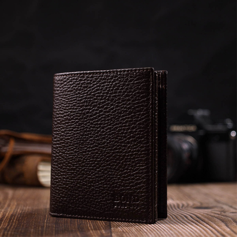 Компактный мужской бумажник из натуральной зернистой кожи без застежки BOND 21989 Коричневый Киев - изображение 7