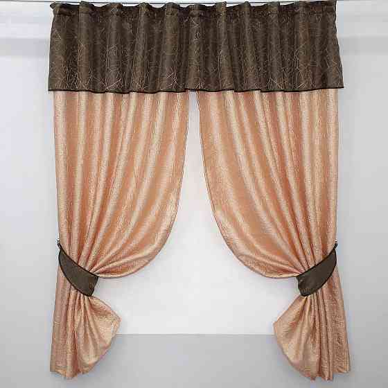 Кухонные шторы VR-Textil № 073к с ламбрекеном и подхватами персиковый с коричневым 260х170 см (52-0089) Киев