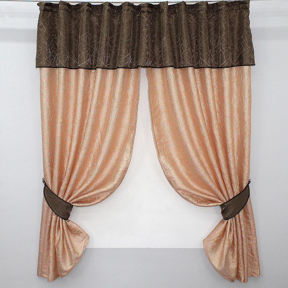 Кухонные шторы VR-Textil № 073к с ламбрекеном и подхватами персиковый с коричневым 260х170 см (52-0089) Киев - изображение 1