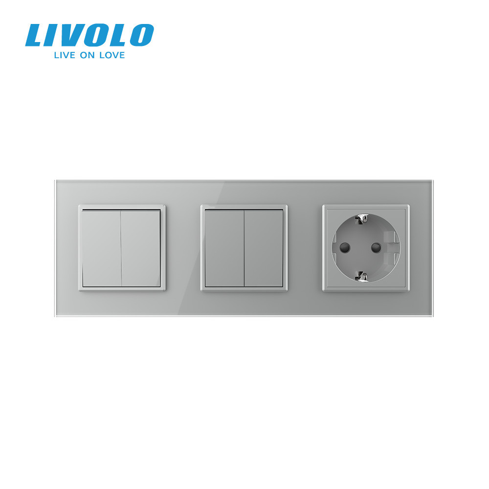 LIVOLO Чотирьохклавішний вимикач (2-2) з розеткою Livolo сірий скло (VL-C7K2/K2/FCTC16A-6IP) Коломия - фото 6