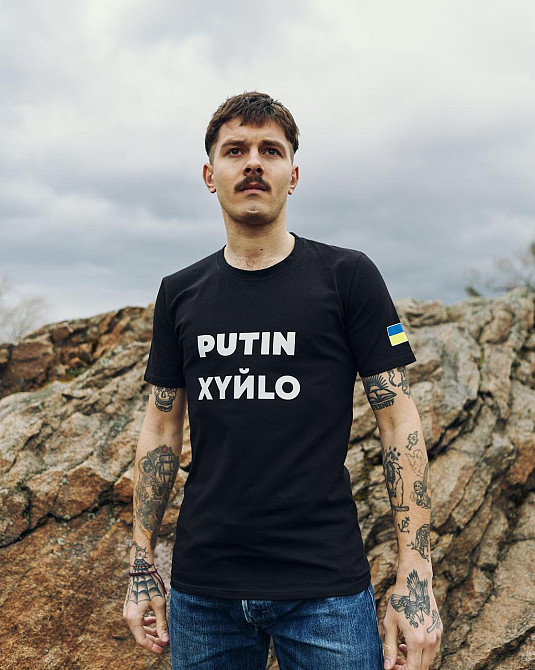 Мужская патриотическая футболка с принтом Путин антивоенная хлопковая черная Одесса - изображение 2