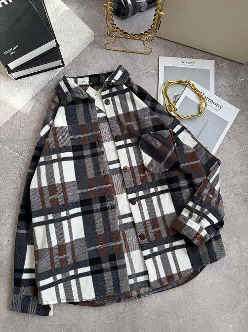 Женская теплая рубашка оверсайз в клетку на пуговицах турецкий флис Серый Одесса - изображение 1