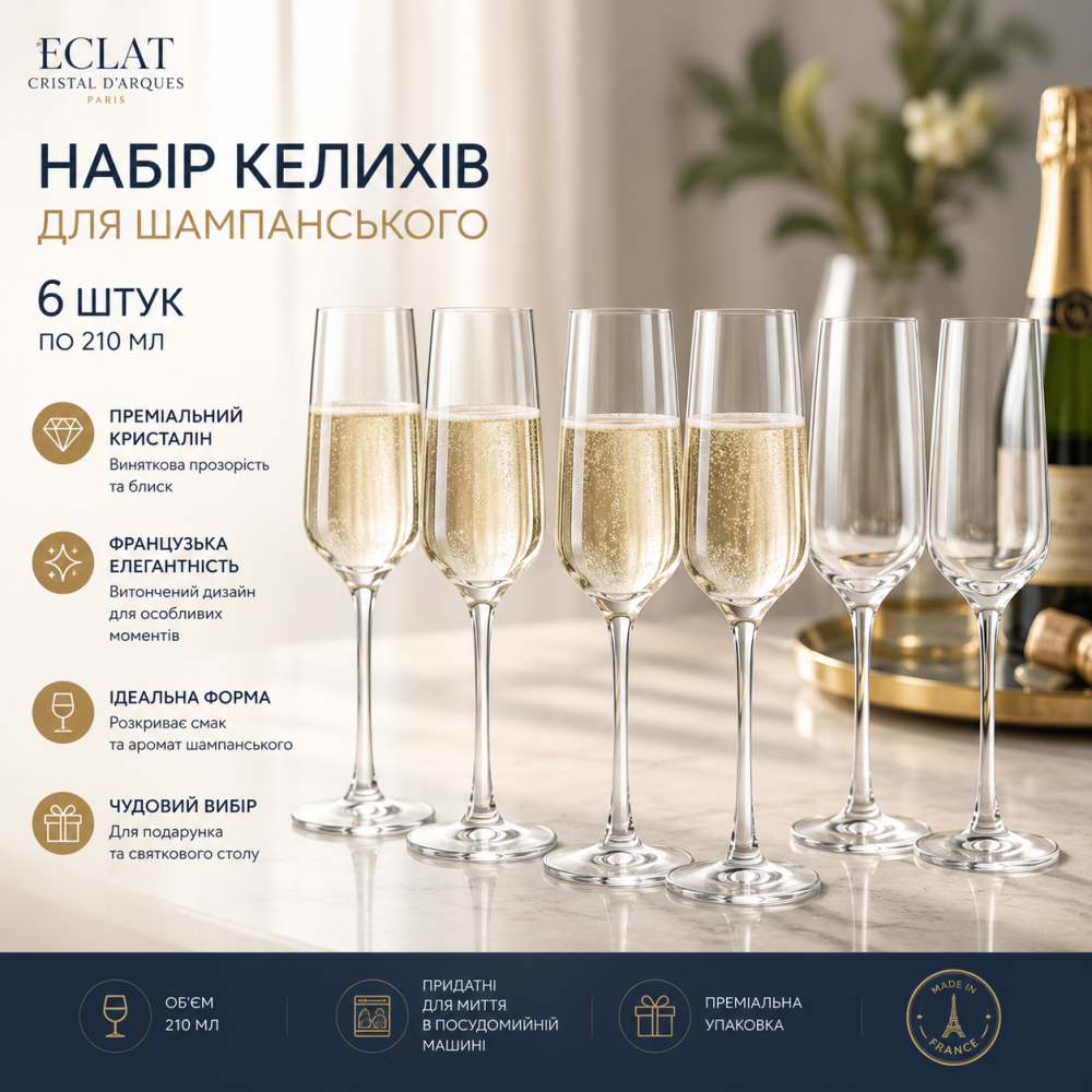 Набір келихів для шампанського Eclat Cristal d'Arques Paris Ultime, 6 шт по 210 мл — Французька елегантність Київ - фото 1