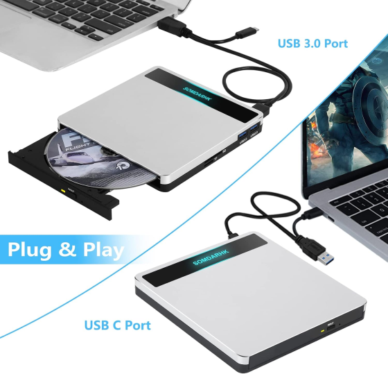 Зовнішній DVD-RW привід COMDARHC 5 в 1 USB 3.0/Type-C, CD/DVD рекордер, кардридер SD/TF, 2 USB-порти, алюмінієвий корпус, сумка Київ