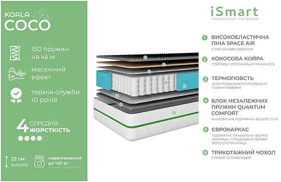 Матрас ортопедический ТМ Ismart Koala Coco 90х190 см пружинный (ISM-051088) Днепр