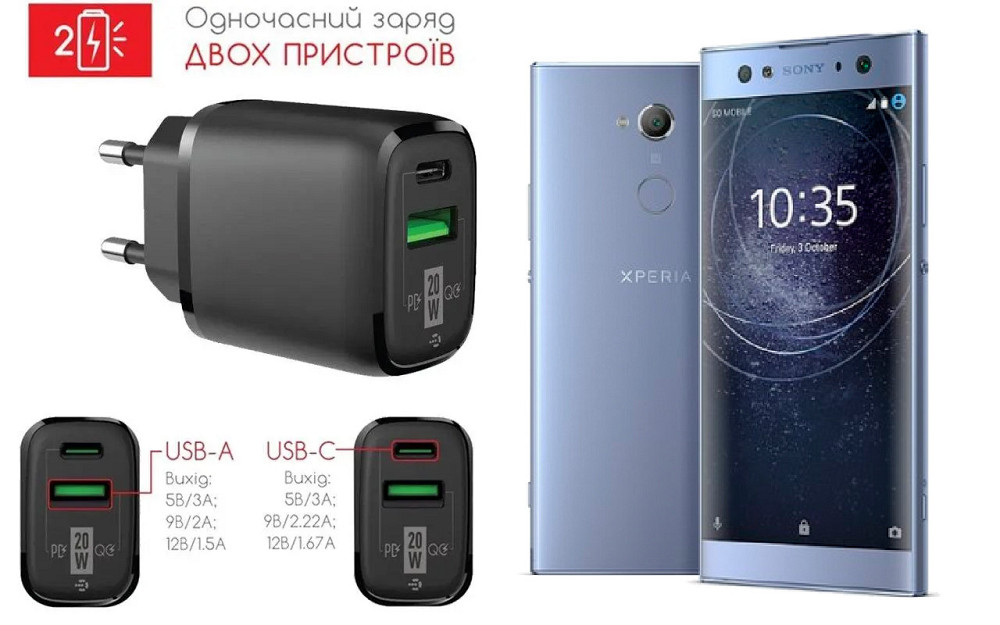 Мережевий зарядний пристрій для Sony Xperia XA2 Ultra H4213, 20W 3A, Quick Charge 3.0 Київ - фото 1