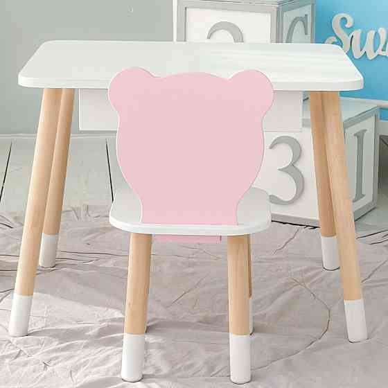Детский столик белый и стульчик мишка розово-белый. Столик с ящиком для карандашей и разукрашек 21441 Киев