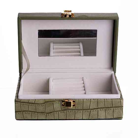 Скринька для прикрас з еко шкіри 3 відділення з дзеркалом 16×10×6 см Зелений HP-5-18GR Коломыя