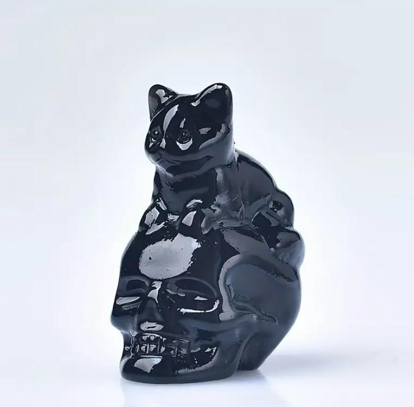 Фигурка кот на черепе из натурального обсидиана 3см. Киев - изображение 1