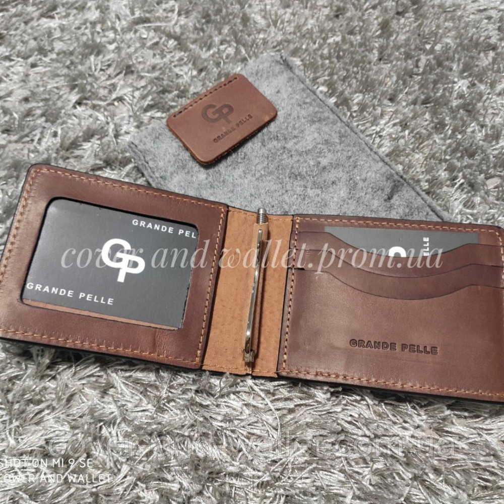 Кожаный зажим для денег с окном для документов Grande Pelle цвет терракота Киев - изображение 1