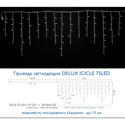 Гірлянда Delux ICICLE flash 75LED 2 х 0.7 м мульти/білий IP44 EN (90012956) Вінниця - фото 3