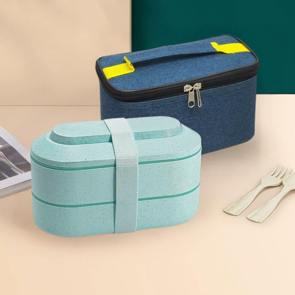 Контейнер, ланч-бокс для гарячої та холодної їжі з термосумкою, двоярусний для обіду зі столовими приборами, 900 мл, блакитний Кам'янець-Подільський - фото 7