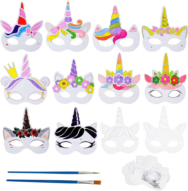 Набір масок єдинорога 24 шт паперові для розмальовки рожевий різнобарвний з пензлем і резинками креативний набір для дітей Київ - фото 1