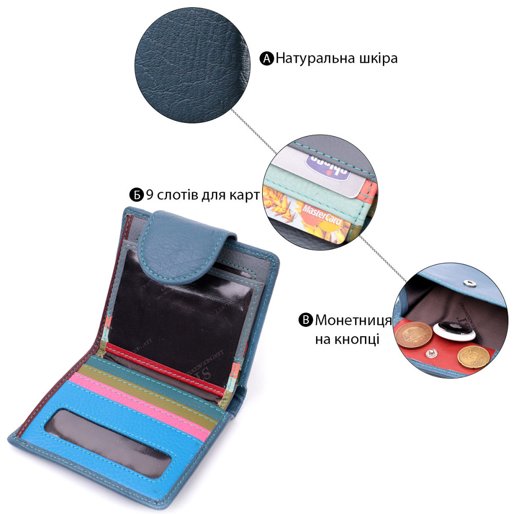 Красиве шкіряне портмоне з монетницею зовні для стильних жінок Бірюзовий (ST Leather) Київ - фото 8
