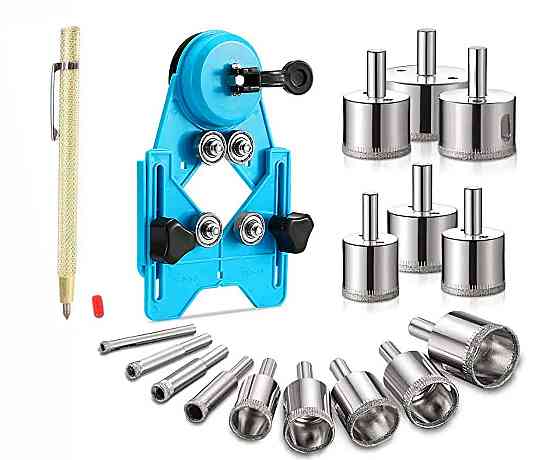 Набор для сверления и резки плитки/стекла: алмазные коронки + направляющий кондуктор + ручка-стеклорез (маркер-резак) (805549667) Киев