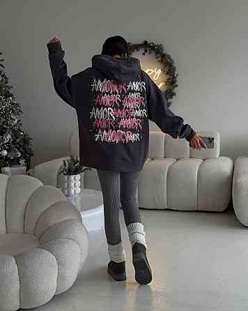 Жіноче тепле оверсайз худі AMORE тринитка на флісі Графіт Одеса