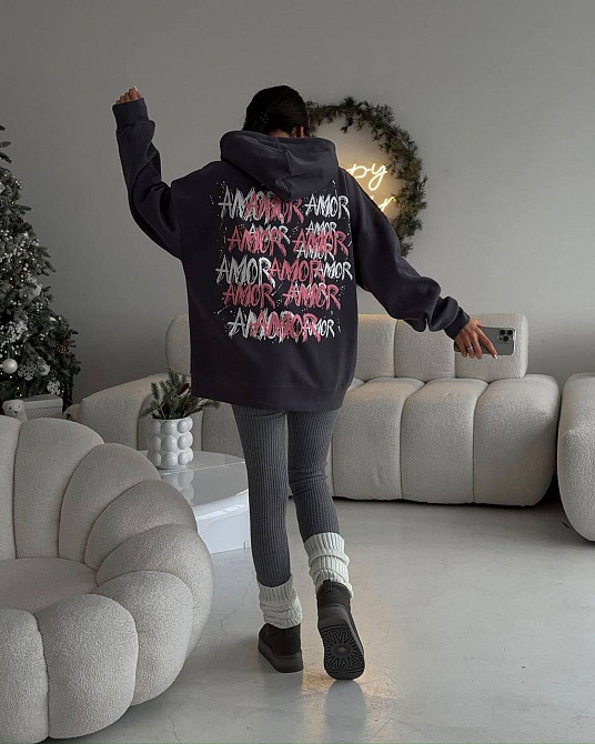 Женское теплое оверсайз худи AMORE трехнить на флисе Графит Одесса - изображение 3