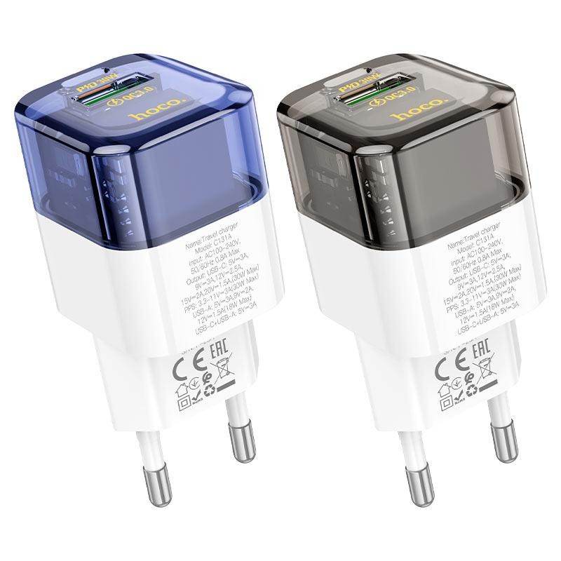 Сетевое зарядное устройство HOCO C131A Platinum dual-port PD30W+QC3.0 charger(EU) Transparent black Одесса - изображение 4