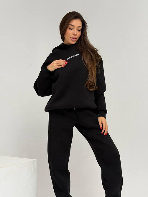 Жіночий стильний спортивний костюм-двійка: худі + штани, тринитка Пен'є на флісі турція Чорний, 50/52 Одеса - фото 3