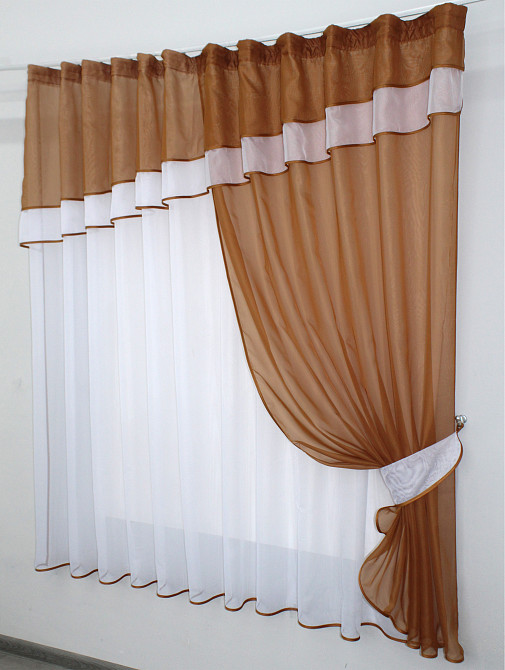 Кухонная занавеска VR-Textil № 018к штора и тюль с ламбрекеном коричневый с белым 280х170 см (50-148) Киев - изображение 2