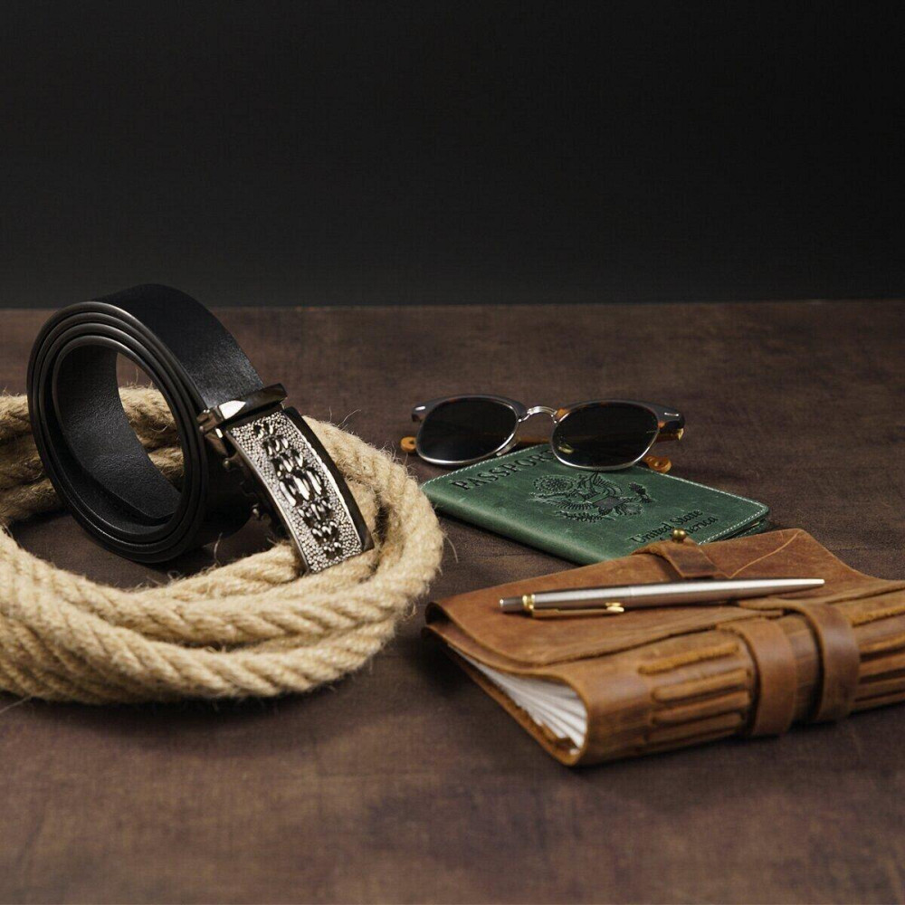 Ремінь чоловічий з пряжкою автомат і силуетом під екзотику Vintage 20300 Чорний Київ - фото 5