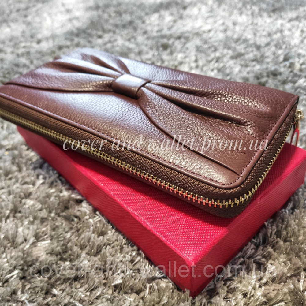 Коричневый женский кожаный кошелек клатч на молнии с бантом F.Salfeite Киев - изображение 1