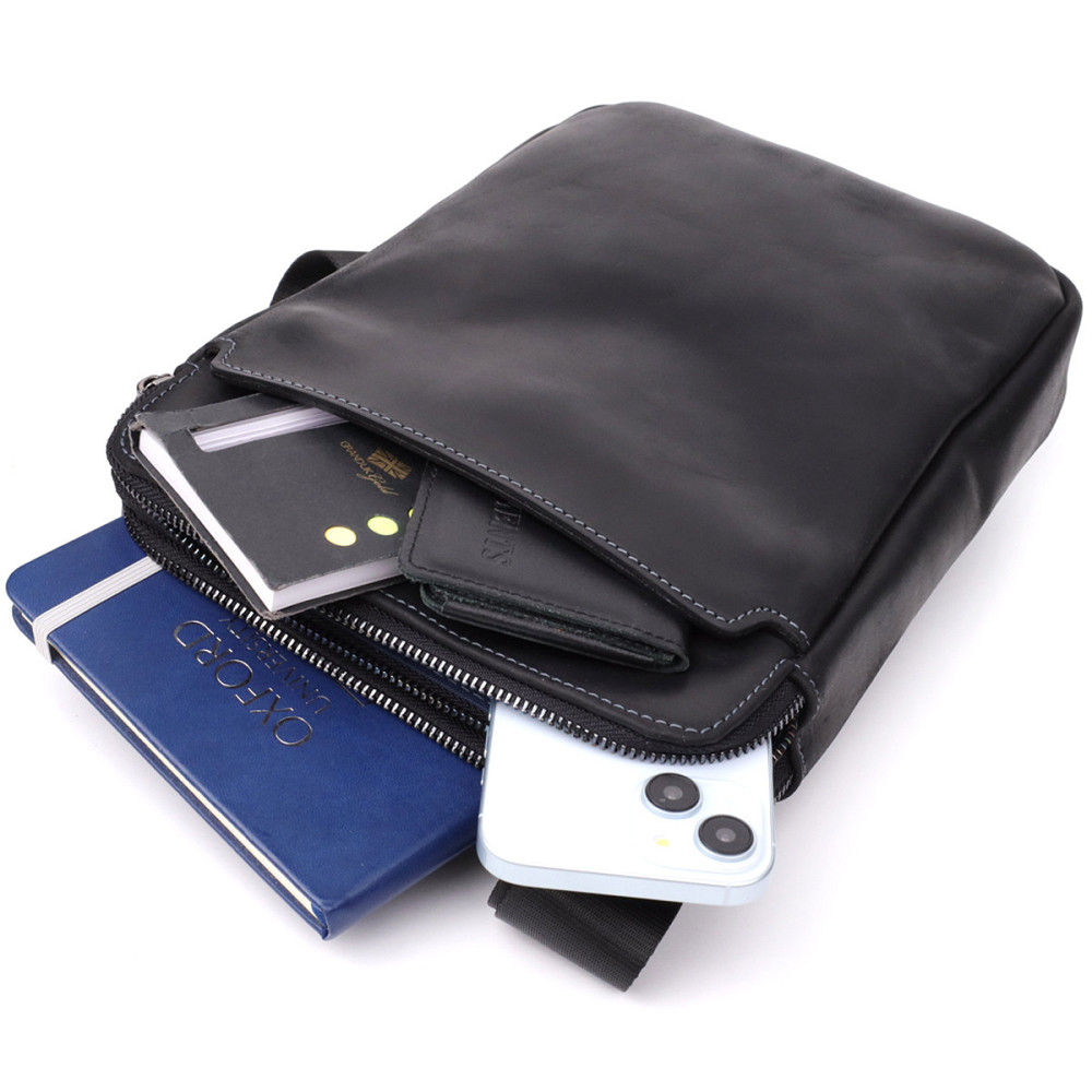 Практичная мужская сумка через плечо из винтажной натуральной кожи Shvigel 20870_1 Черный Киев - изображение 8