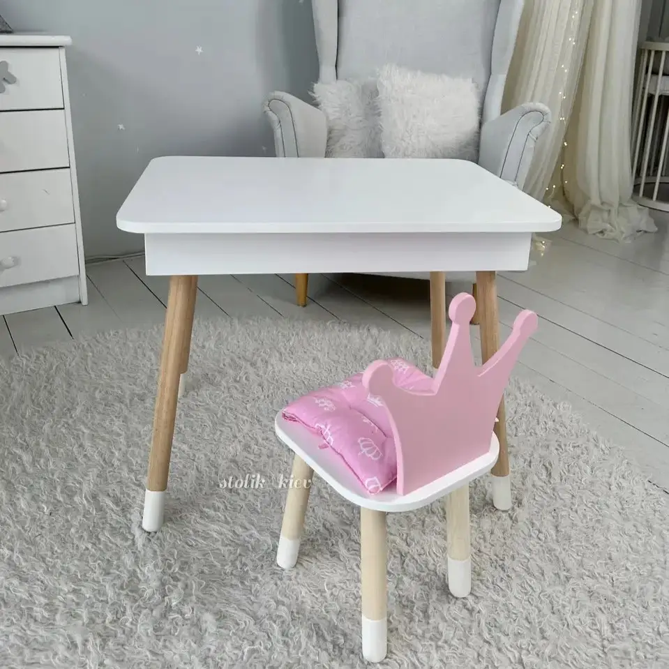 Дитячий столик з ящиком для олівців + стільчик Корона (Білий з рожевим) Київ - фото 1