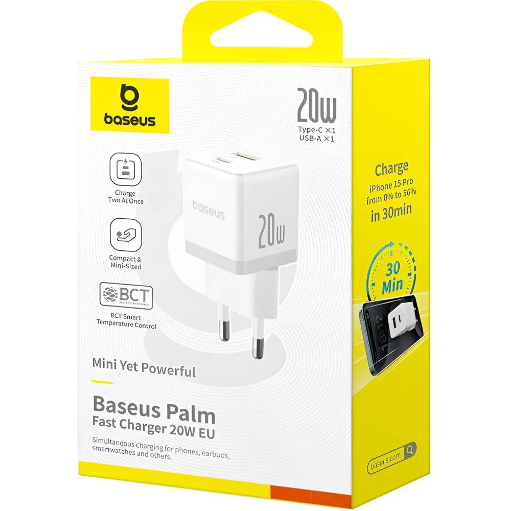 Мережевий зарядний пристрій Baseus Palm Fast Charger C+U 20W EU Moon White Київ - фото 2