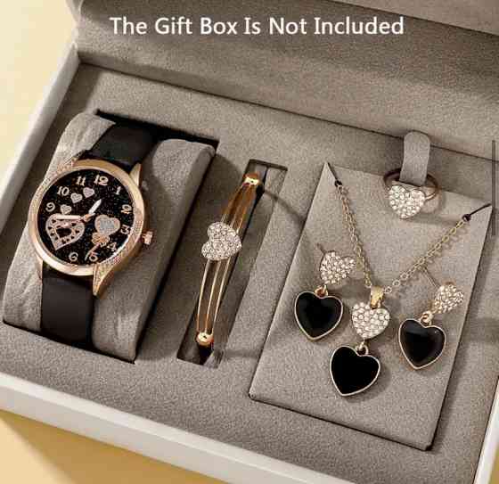 Подарочный набор для женщин Сердца наручные часы браслет кольцо ожерелье и серьги черный Киев