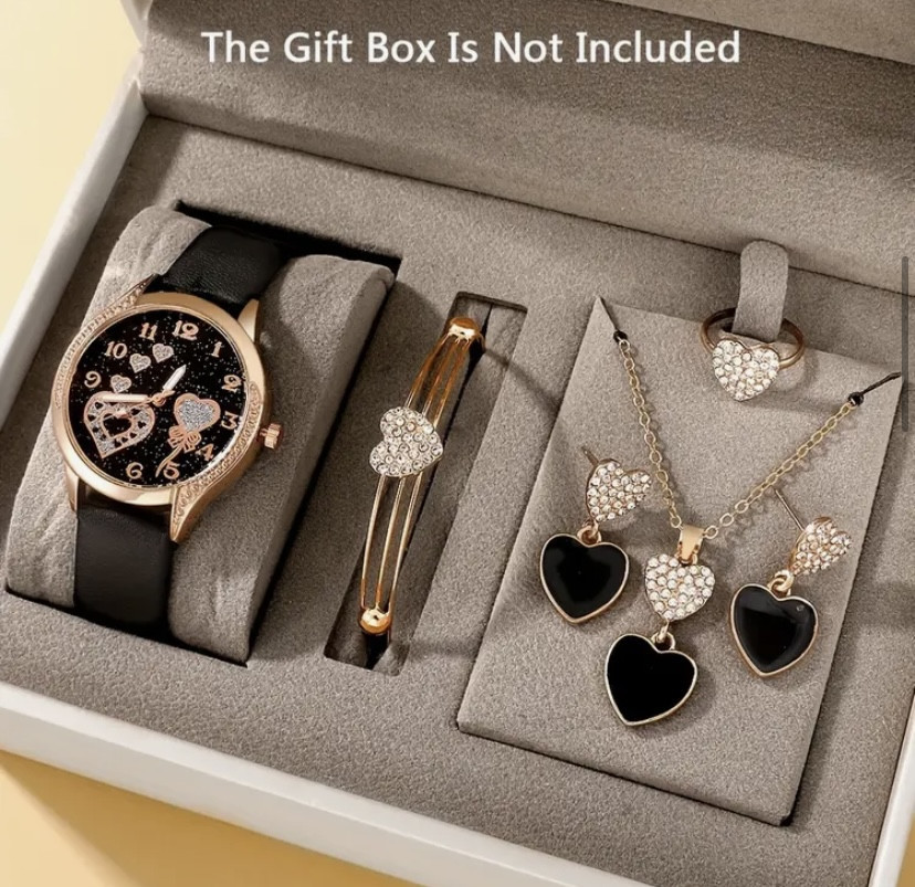 Подарочный набор для женщин Сердца наручные часы браслет кольцо ожерелье и серьги черный Киев - изображение 1