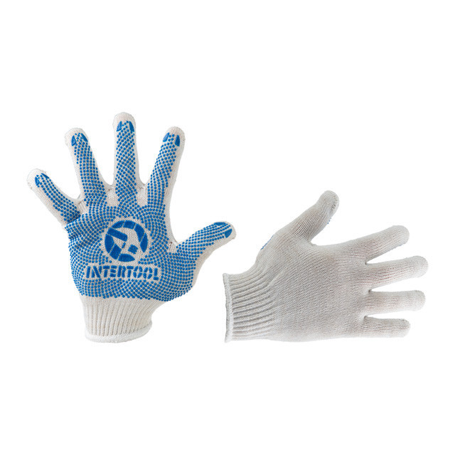 Рукавичка трикотажна, сині ПВХ крапки, 70% бавовна / 30% поліестер, 10