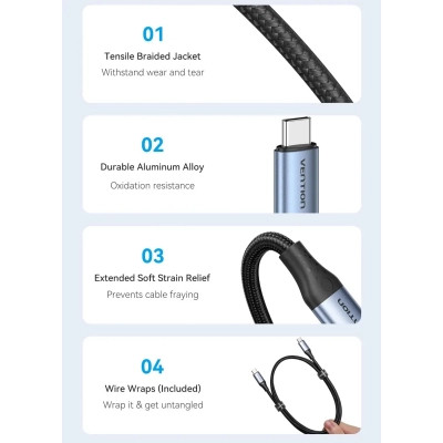 Дата кабель USB-C to USB-C 1.0m USB4.0 240W (50V/5A) 8K60Hz Thunderbolt 4 Gray Aluminum Alloy Vention (TAVHF) Вінниця - фото 10