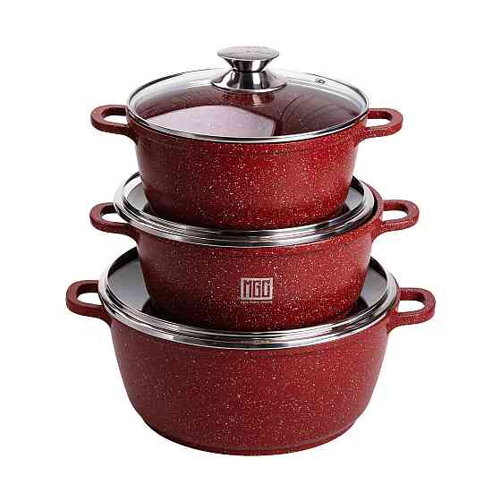 Набір із трьох алюмінієвих каструль із товстим дном та кришками з антипригарним покриттям MGC HP-4-408 Коломия