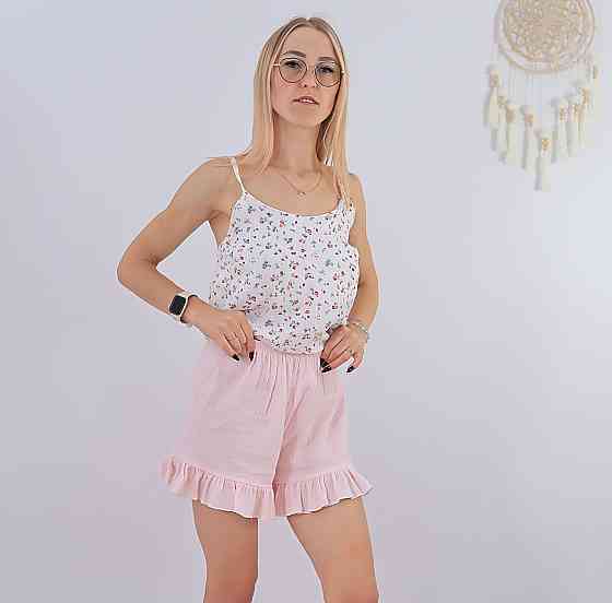 Бавовняна рожева жіноча піжама три в одному сорочка +шорти з рюшами+халат Кам'янець-Подільський