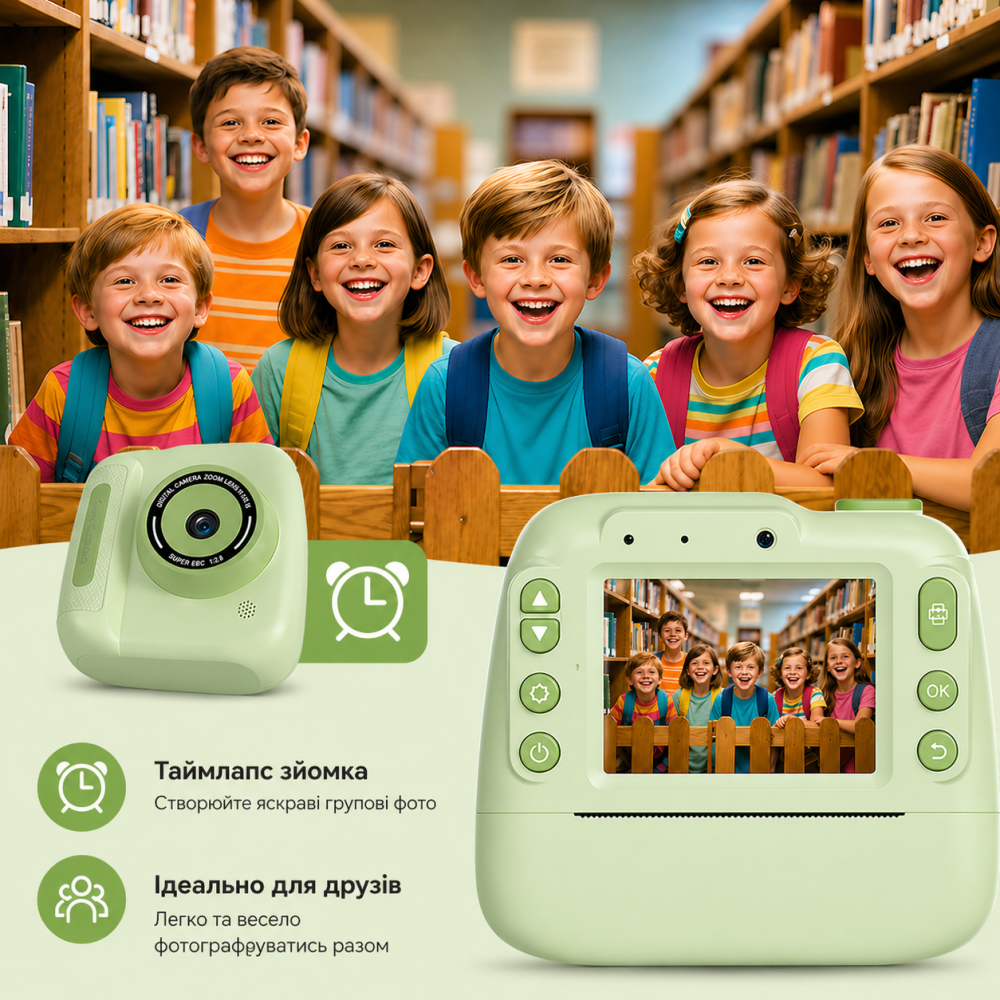 Дитячий цифровий фотоапарат DELANDA з миттєвим друком та записом відео - зелений Київ - фото 3