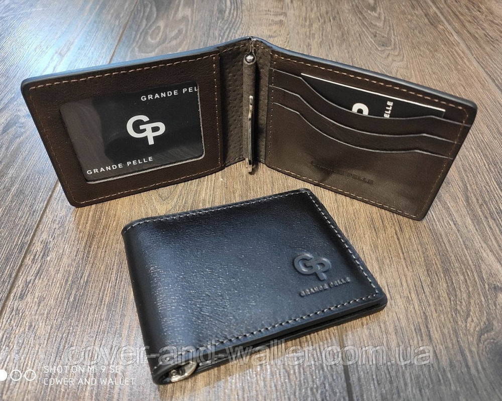 Зажим для денег и карточек из гладкой кожи ручной роботы Grande Pelle Черный Киев - изображение 7
