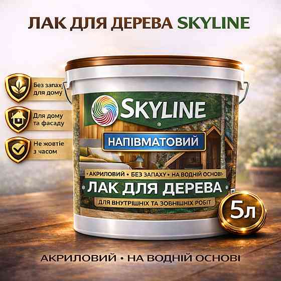 Лак для дерева Skyline напівматовий акриловий прозорий без запаху для внутрішніх та зовнішніх робіт 5 л Харків