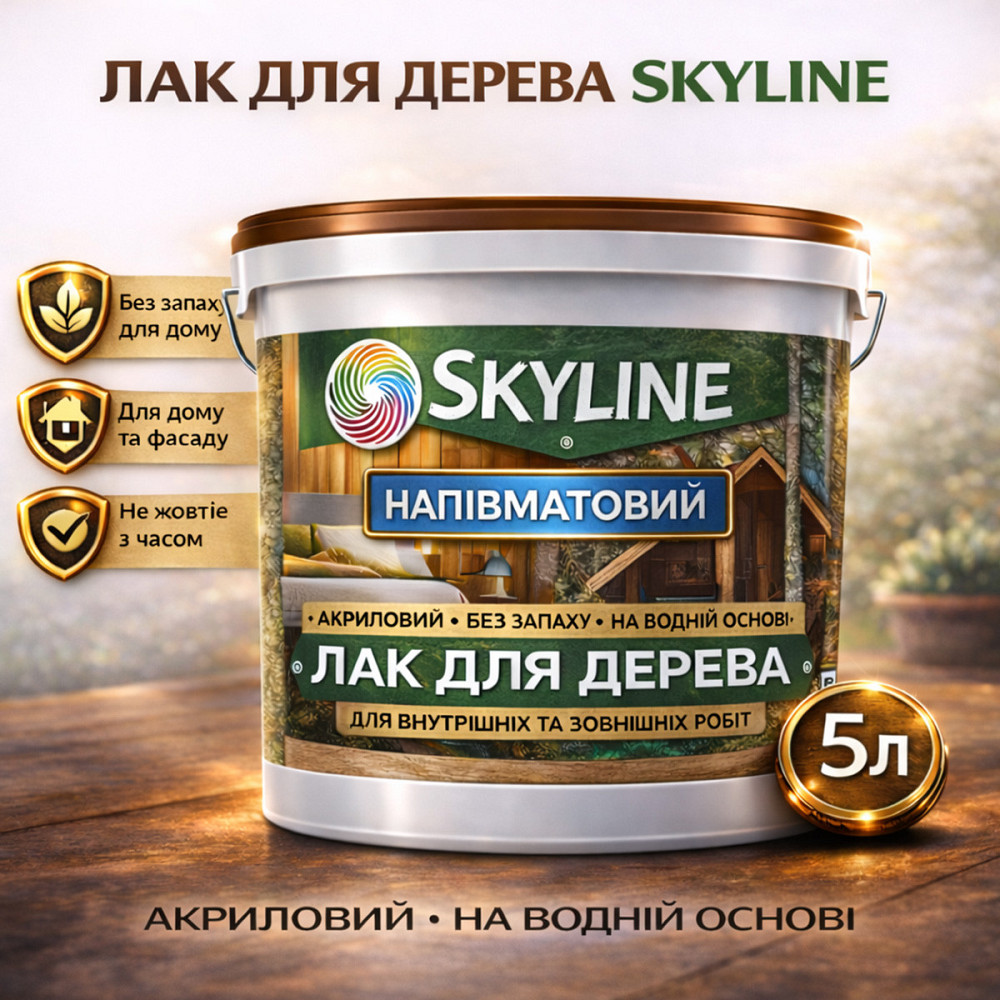 Лак для дерева Skyline напівматовий акриловий прозорий без запаху для внутрішніх та зовнішніх робіт 5 л Харків - фото 1