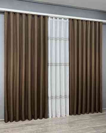 Комплект штор VR-Textil Льон Мішковина 100х270 2шт і Тюль 300х270 277ш-1429т Коричневий з білим 71-173/1 Київ