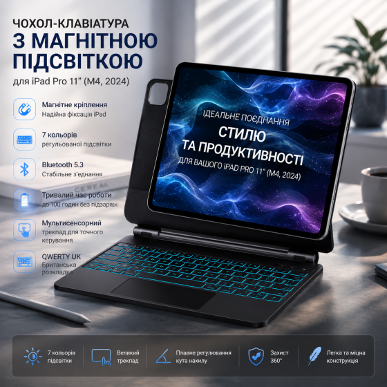 Чехол-клавиатура OMOTON Magic Keyboard для iPad Pro 11 M4 (2024) беспроводная с подсветкой и трекпадом Black Киев