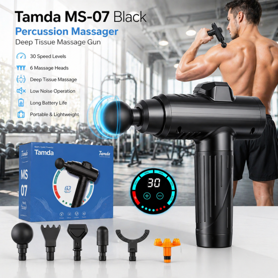 Перкусійний масажер Tamda MS-07 Black: Професійний масажний пістолет для всього тіла, 30 режимів, 8 насадок Київ