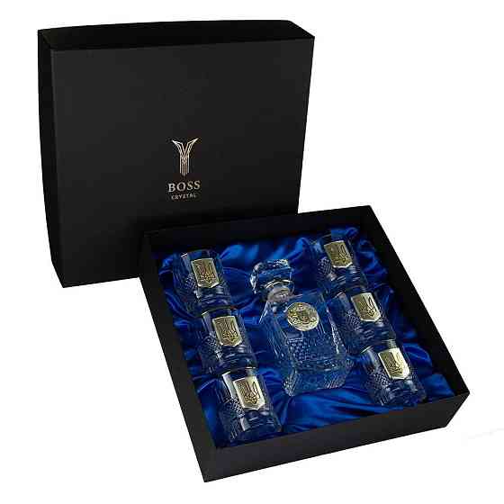 Набір для віскі «Гербовий з тризубцем» 7 предметів Boss Crystal, графин, 6 келихів, срібло, золото, кришталь Рівне